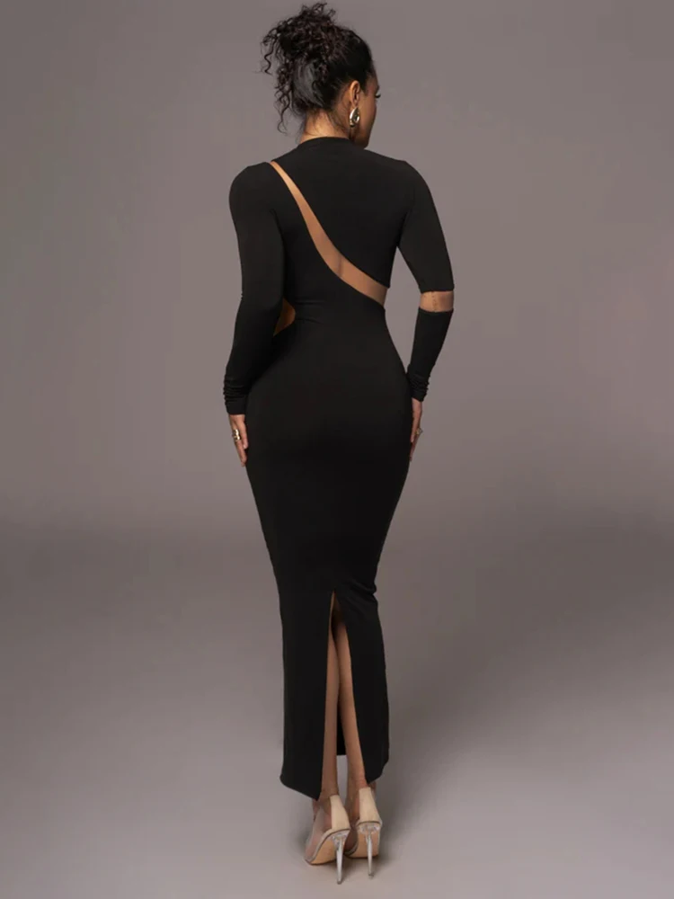 Mozision Turtleneck Long Sleeve Bodycon Maxi Dress For Women Autumn New Patchwork Hollow Out Club Party Sexy Long Dress Vestidos
