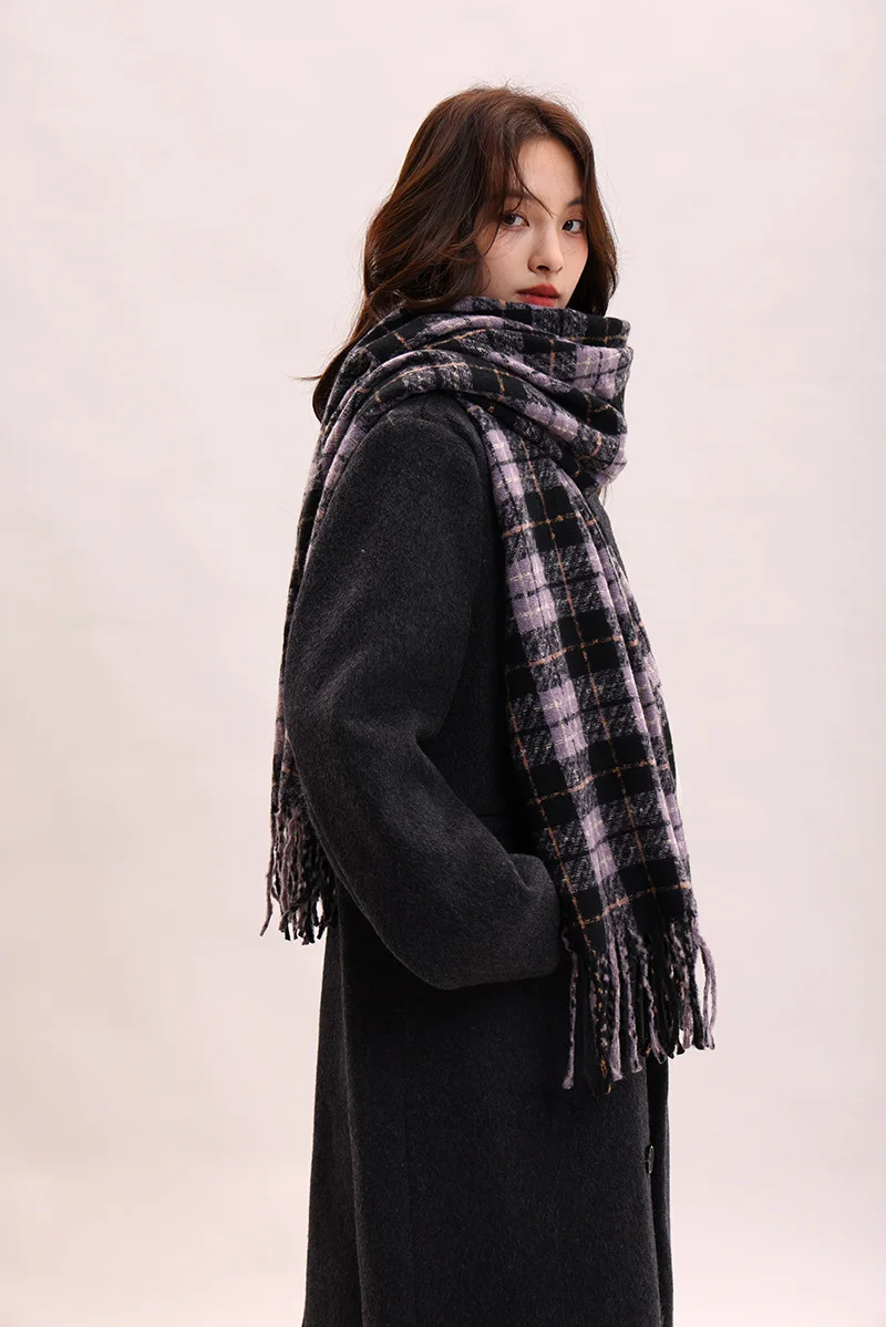 Purple Yam Luxury Scarf for Women, Winter Korean Style Versatile Plaid Shawl, Soft and Retro Warm Neck Warmer