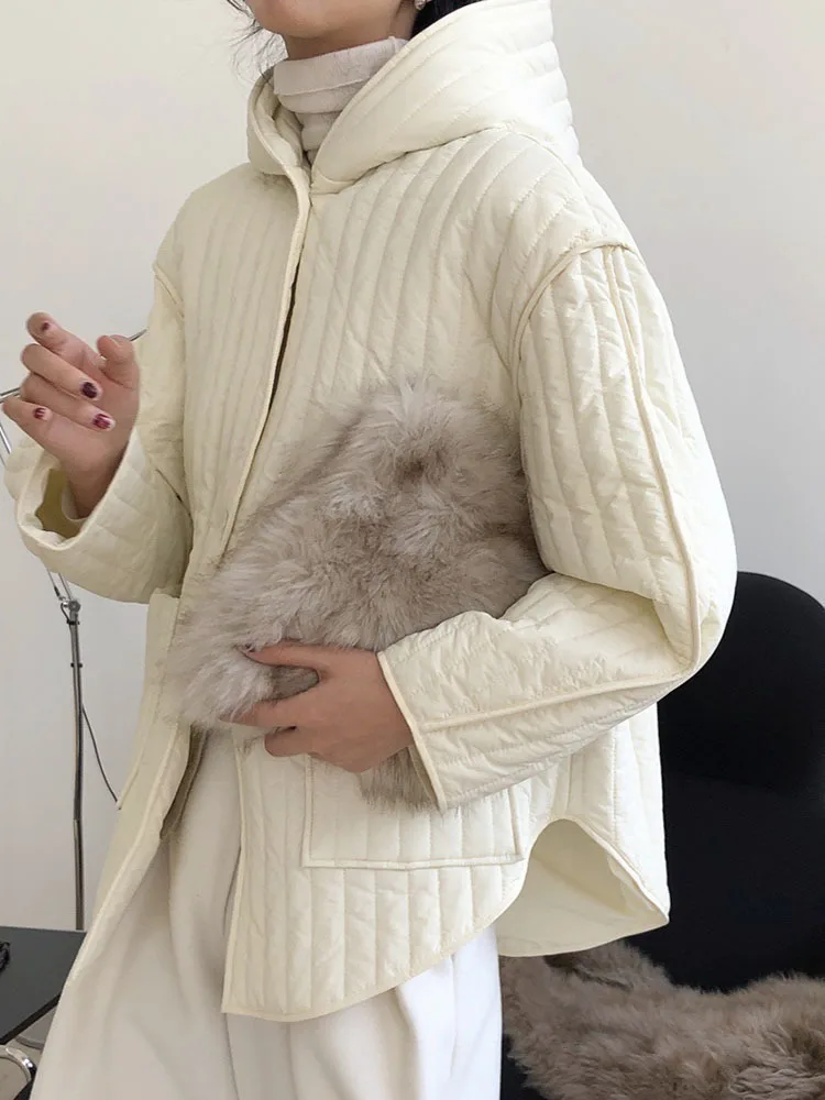 [EAM] Mit Kapuze Beige Große Größe Baumwolle gefütterte Mantel Lange Hülse Lose Fit Frauen Parkas Mode Flut Neue Herbst winter 2024 1DH3820