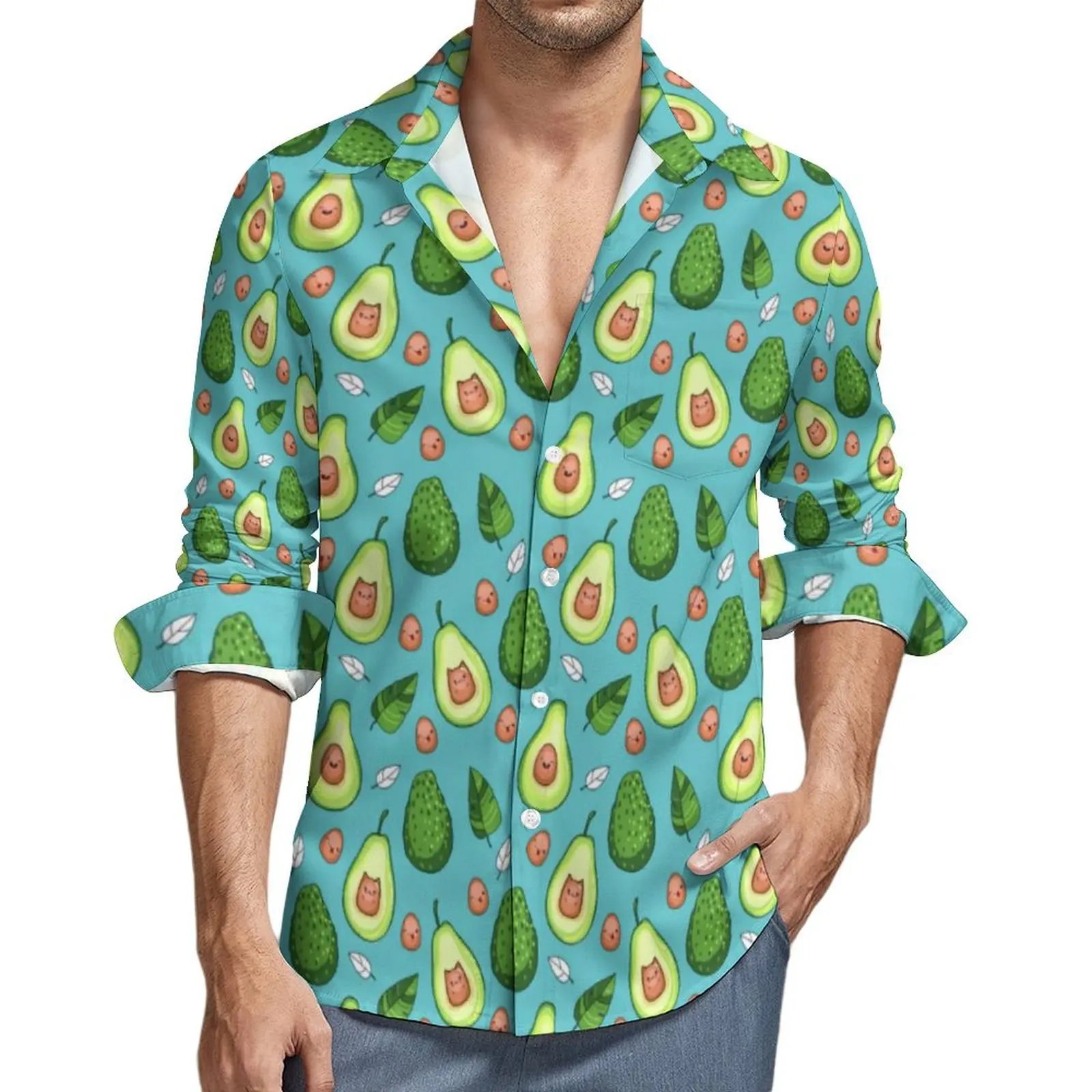 Funny Fruit Print Casual Shirt Men Green Avocado Korean Fashion Shirt Spring Elegant Blouse Long Sleeve Printed Oversized Tops