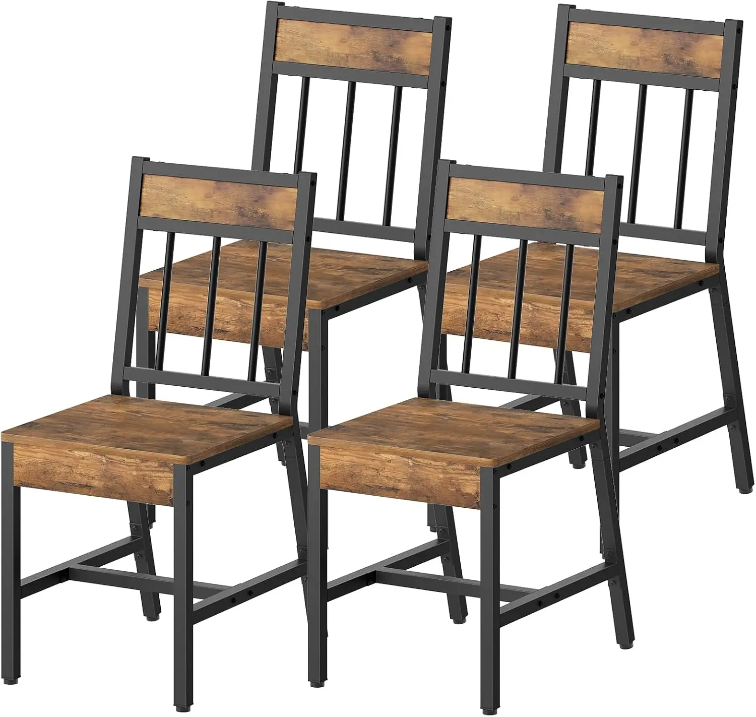 Rustic Brown and Black Metal and Wooden Industrial Dining Chairs for Kitchen and Living Room, Slanted Back Design