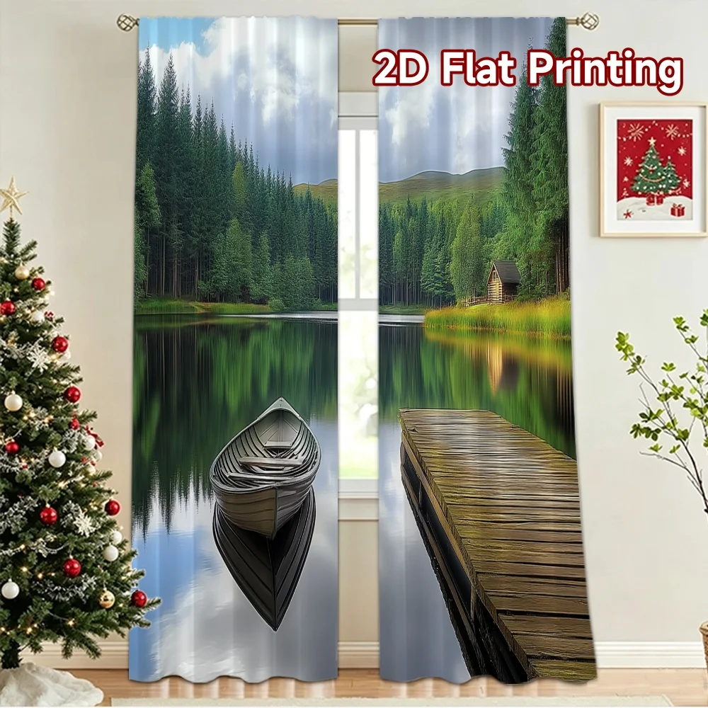 2D flat 2pcs Curtain Retro Country Style Calm Forest Lake Boat Digitally printed polyester Festive Curtains Perfect for Outdoor