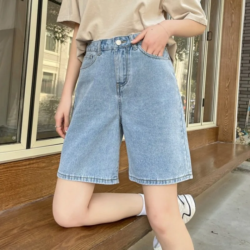 

Шорты женские с высокой талией, прямые брюки трапециевидной формы, однотонные, универсальные, свободные, в Корейском стиле, модная, уличная одежда, для студентов, летние, на каждый день