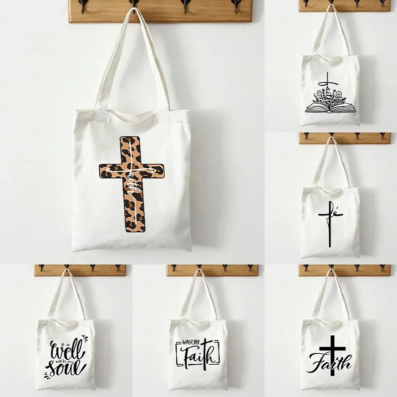 Faith Printed Women Canvas Shoulder Tote Bag Casual Fashion Shopping case Bag borsa di stoccaggio di grande capacità regali cristiani