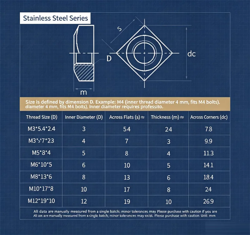 304&316 Stainless‑Steel Square Nuts, White/Colored Zinc Plated Chamfer Metric M3‑M12 square nut