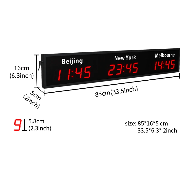 CP34A World Digital 3 Time Zone Clocks Hotel Office LED World Time Wall Clock With City Name Sticker