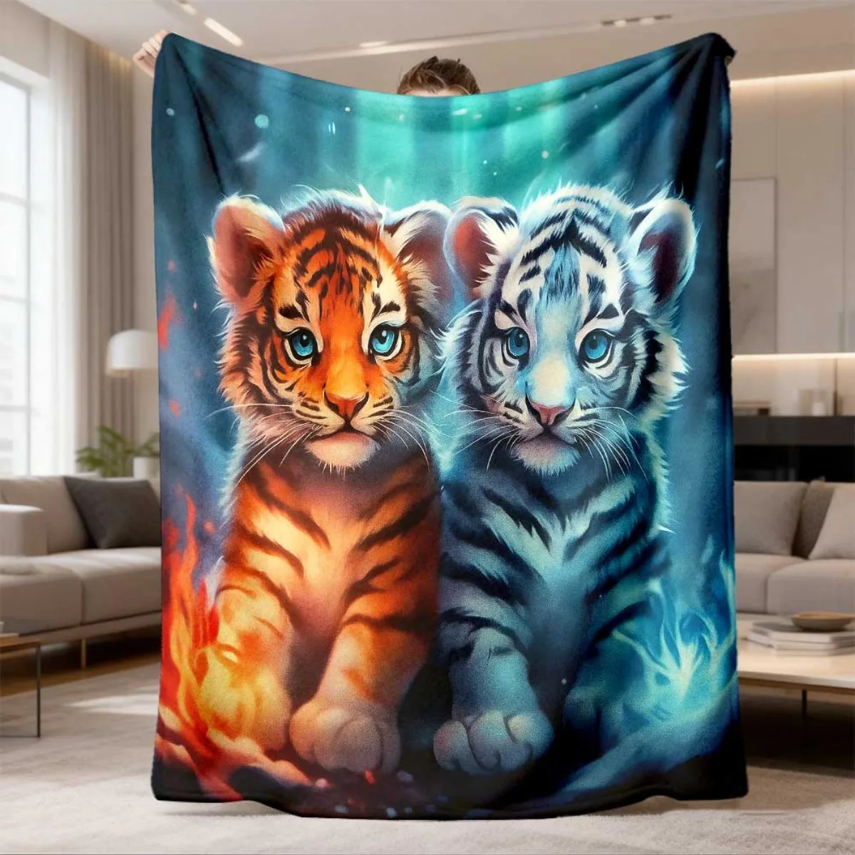 2026 New Arrival Flannel Blanket Modern Art Cute Tiger Print Flannel Blanket Lightweight, AllSeason Polyester, Machine Washable,