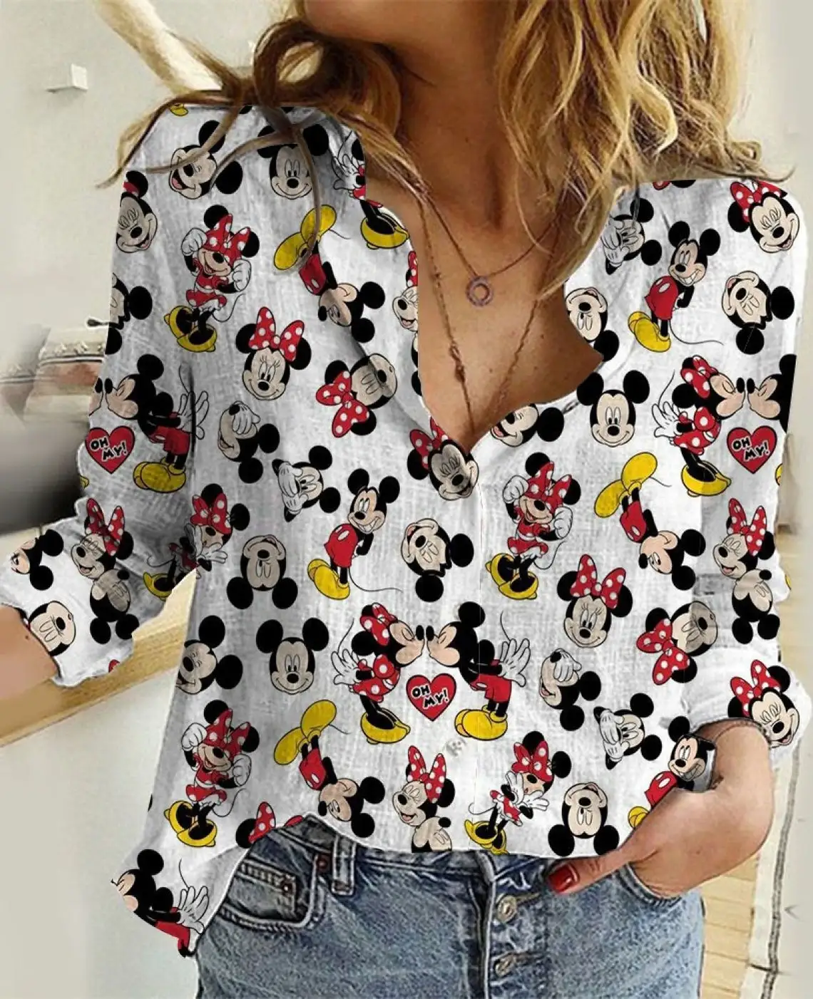 New Disney Women\'s Shirts Casual T-Shirts Mickey Mouse Hawaiian Shirts  Fashion Long Sleeve Shirts Disney Sunscreen Shirts women