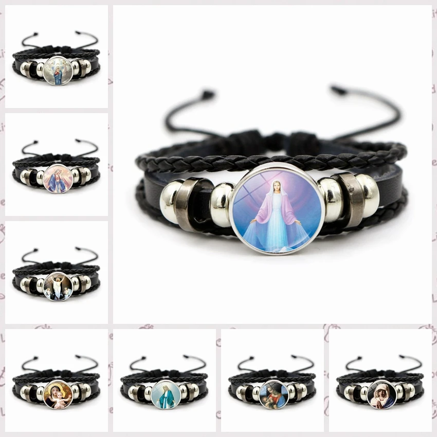 Fashion Jewelry Glass Pendant Leather Knitted Bracelet Virgin Mary Weaves A Hand Ornament Mother of Jesus Unisex Gift