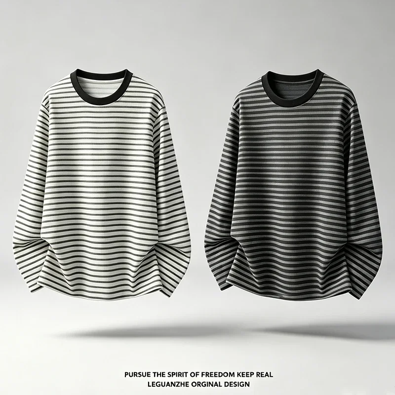 Men Striped Long Sleeve T Shirt Crew Neck Loose Fit Casual Basic Tee Soft Breathable Daily Wear Autumn Winter Tops