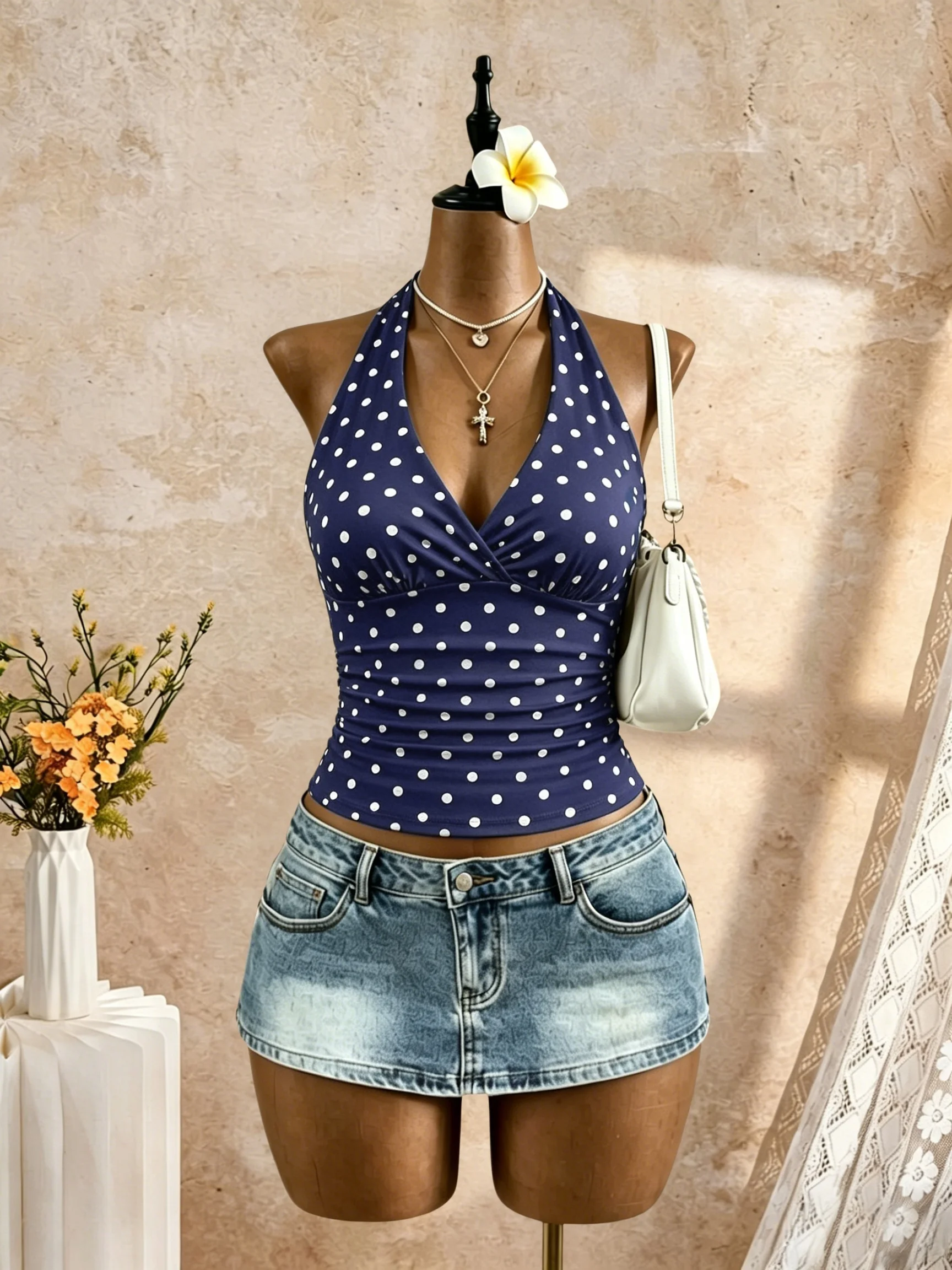 Damen Neckholder-Top mit tiefem V-Ausschnitt, Wickeloptik, seitlich geraffter Taille, ärmellos, kurz geschnitten, einfarbig weiß, schmal geschnitten, für Sommer, Strandurlaub, Freizeit – Detail 3