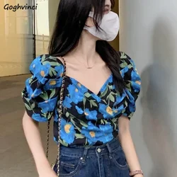 Blouse Women Summer Floral Slim Printed V-neck Puff Sleeve Aesthetic Temperament All-match Graceful Ulzzang Casual Hot Sale Chic