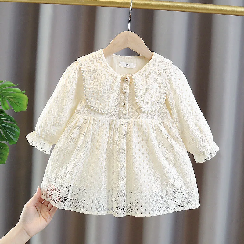 Spring Autumn Baby Girls Sweet Bow Princess Dress Children Kids Infants Lace Long Sleeve Dresses Baby Girls Cloths