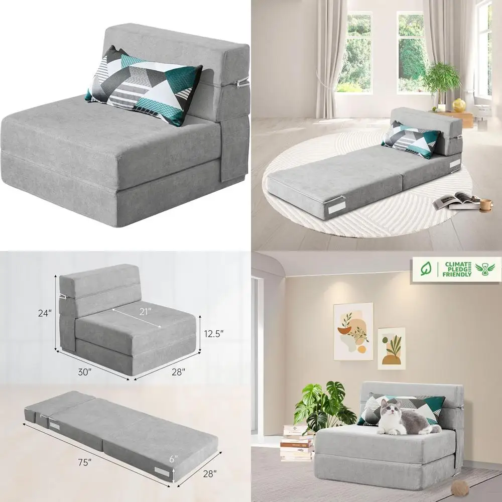 

Memory Foam Single Size Convertible Sofa Bed with Pillow, Light Gray Sleeper Chair