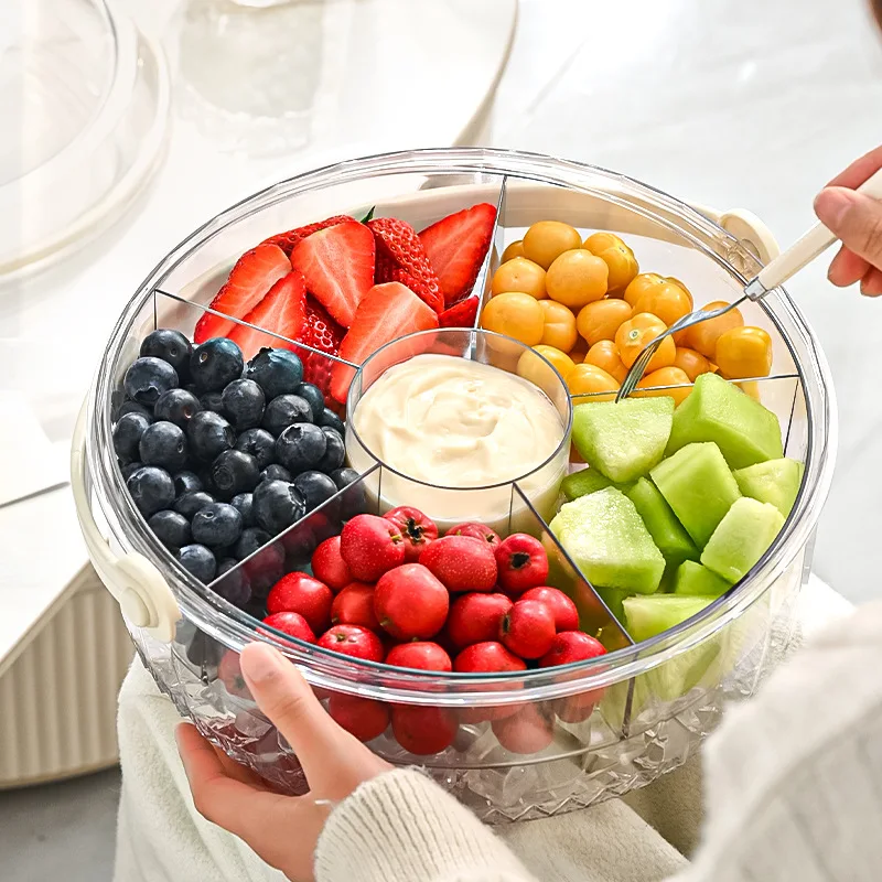 Five-point fresh-keeping fruit plate with handle, sealed moisture-proof dried fruit plate, portable household snack box