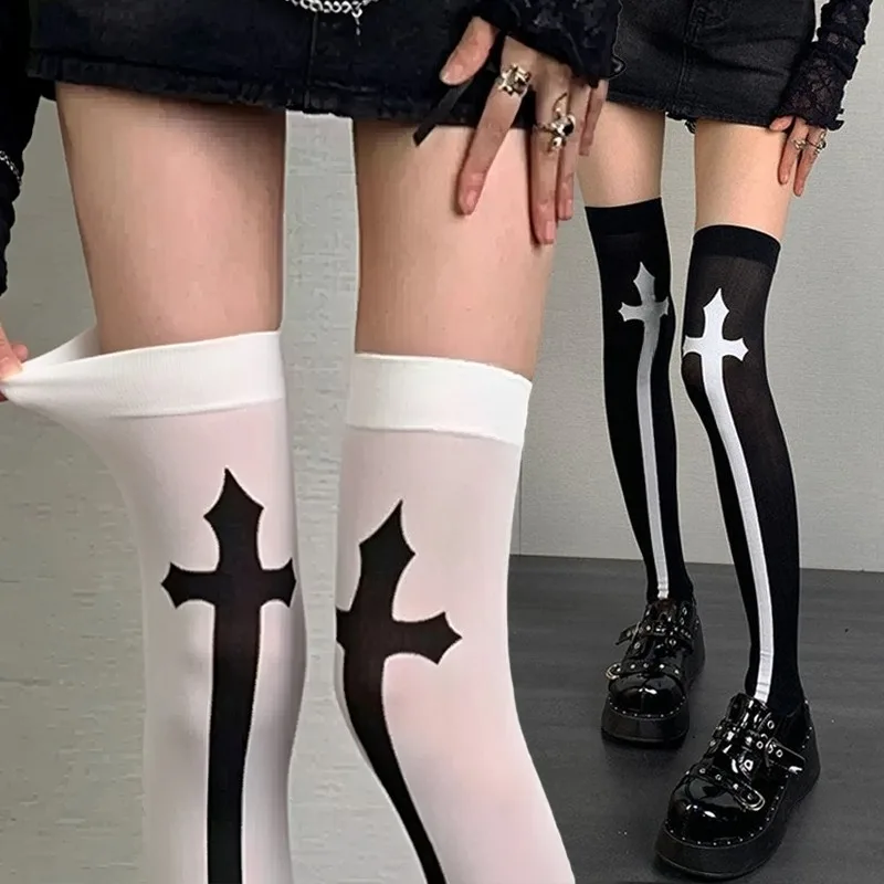 Nouvelles basques Y2K punk extensibles noires et blanches, au-dessus du genou, sexy, style JK, longues basques cuissardes pour cosplay femme