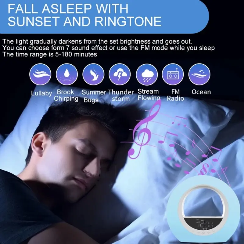 Sunrise Alarm Clock Wake Up Light Clock with Night Light FM Radio Natural Sounds Desk Clock for Heavy Sleepers Bedroom Sleep Aid