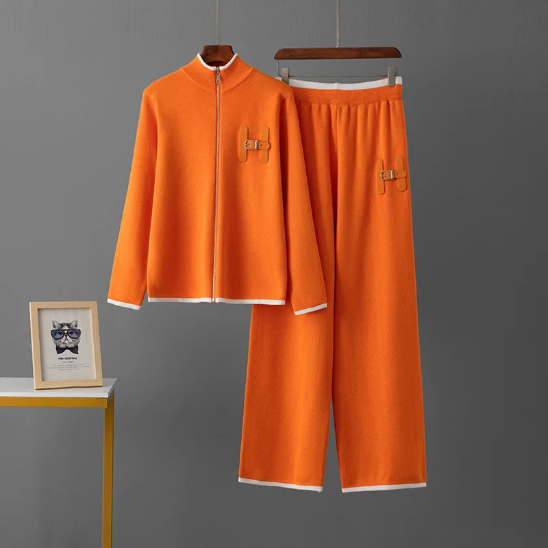 Knitted Sweater 2 Peice Set Women's Autumn Warm Zipper O-Neck Pullover Straight Jogging Pant Suits Casual Oversize Tracksuit