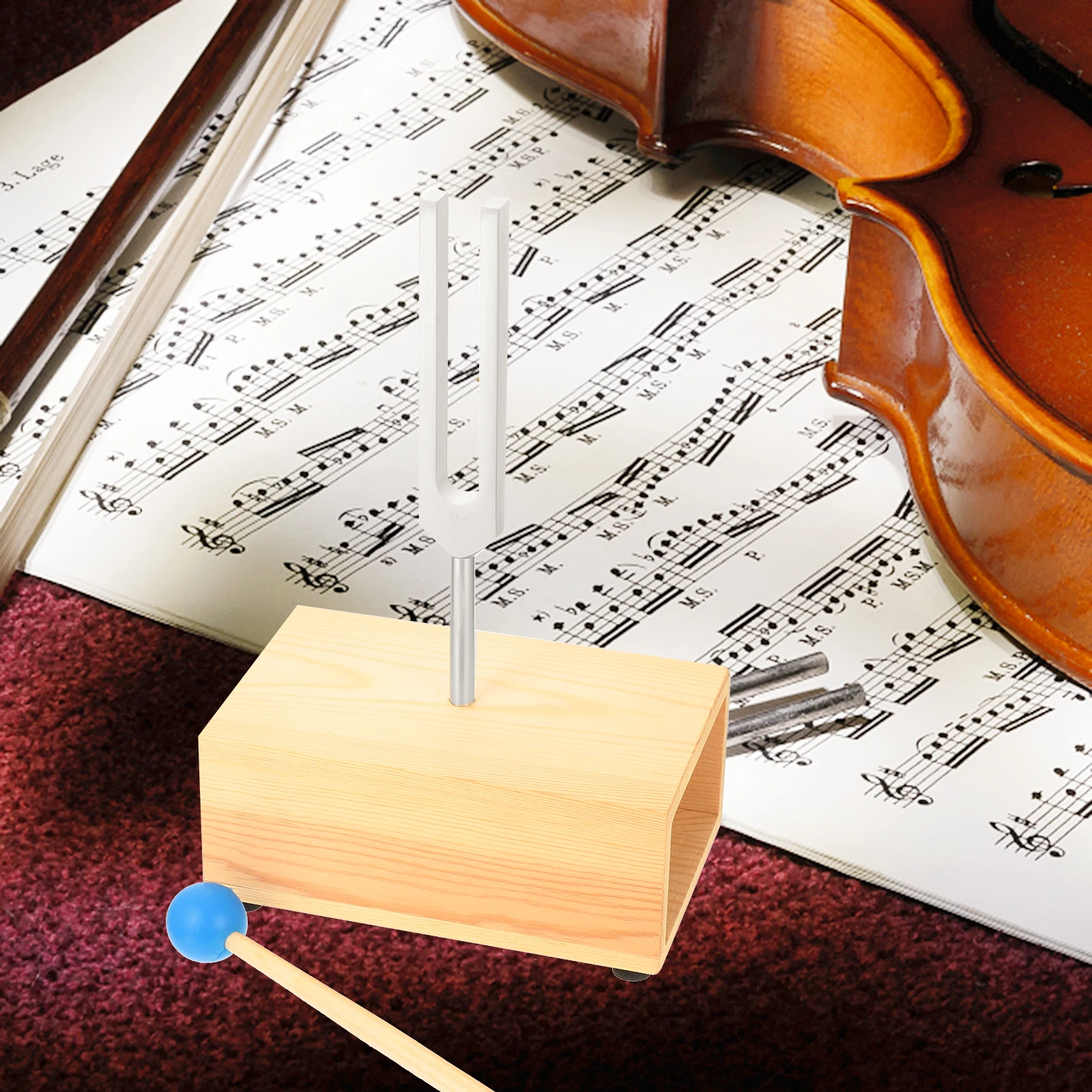 

1Set Physical Acoustic Experiment Tuning Fork Set with Wooden Base Metal Fork Hammer Teaching Tool Adjustable Pitch