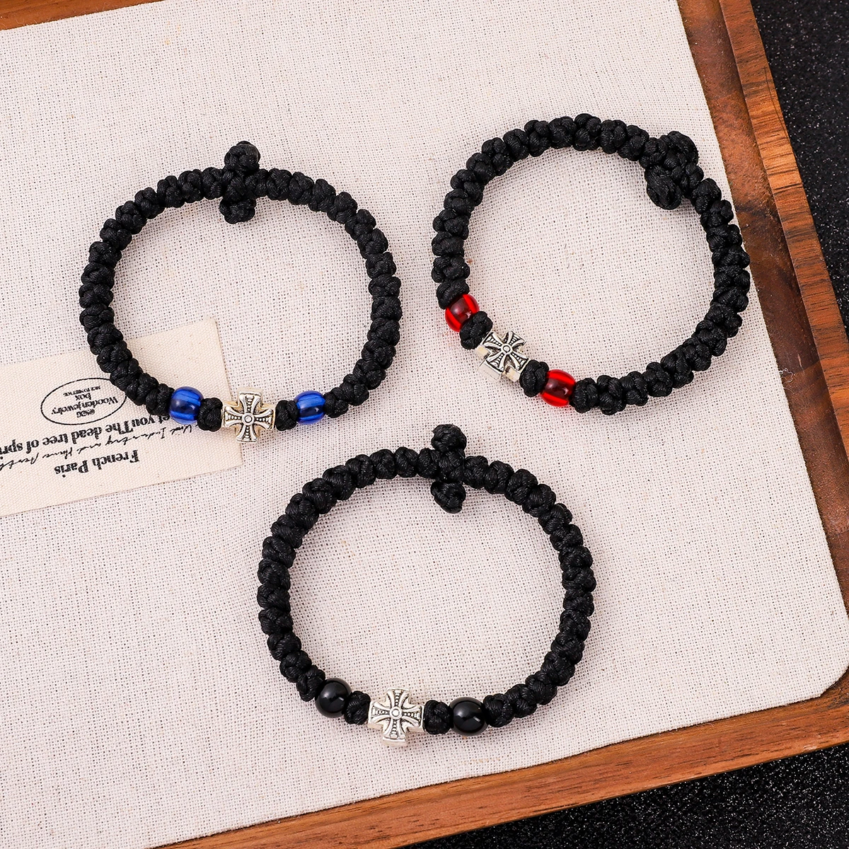 1-Piece Set Of Alloy Cross Red Blue Bead Woven Bracelet Retro Men's and Women's Orthodox Prayer and Blessing Bracelet
