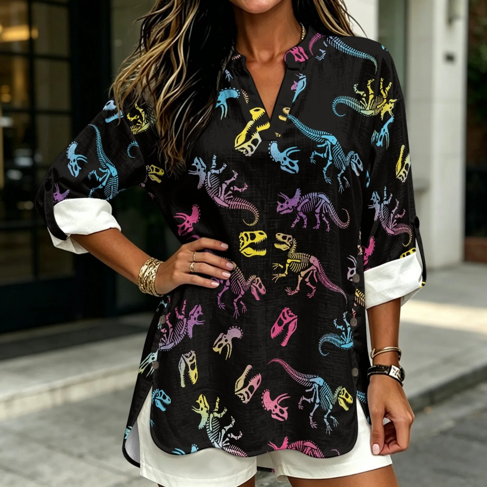 PENSTROLL Dinosaur Skeleton Linen Like Women's Long Sleeve Shirts Notch V Neck Blouses for Womens Oversized V Neck Shirts
