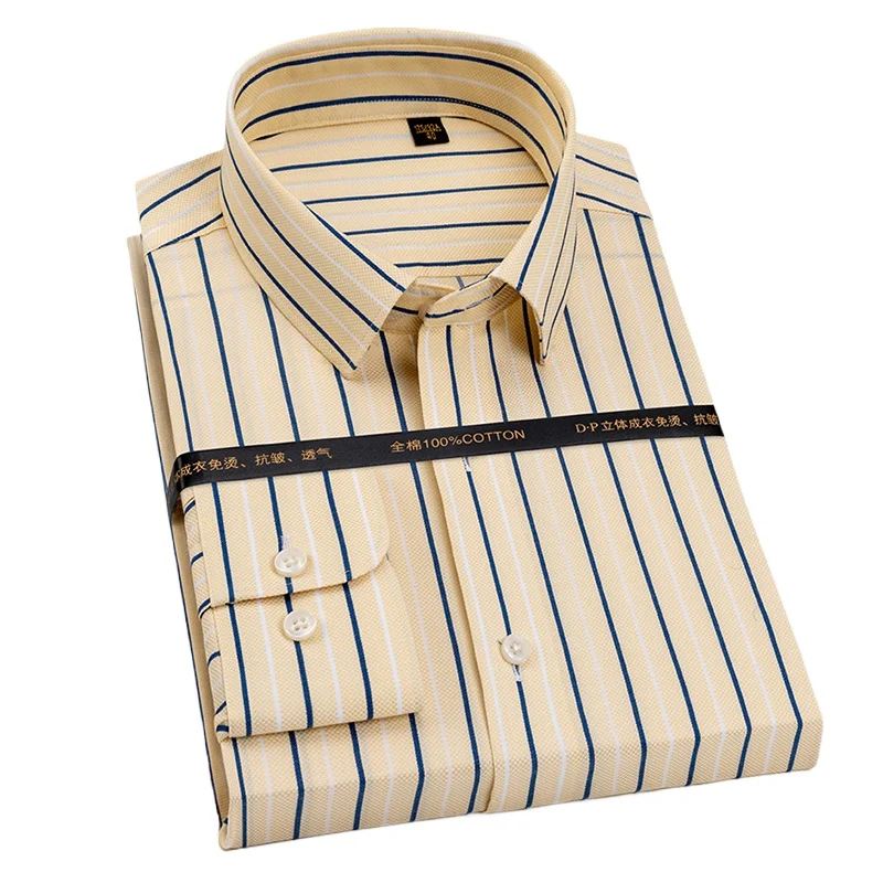 100S Men's Pure Cotton Men's Vertical Striped Dress Shirts Casual Long Sleeve Button-down Non Iron Cotton Shirt