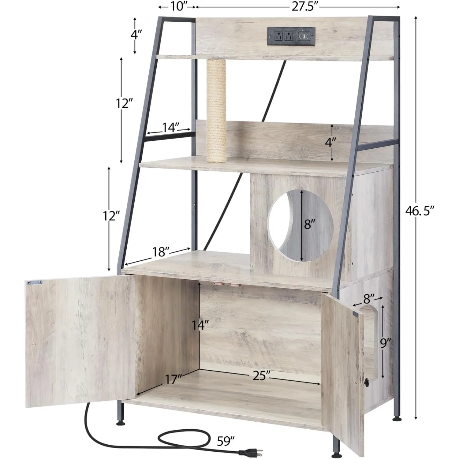 حاوية فضلات القطط الطويلة موفرة للمساحة مع رفين ومحطة شحن، صندوق فضلات يخفي لمعظم الأحجام (أسود)