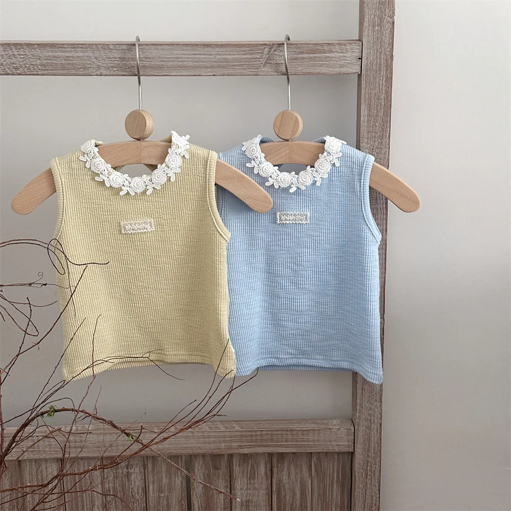 

2026 Summer New Girls Sweet Flower Collar Sleeveless T Shirts Baby Girl Cute Solid Tops Infant Cotton Vest Toddler Clothes