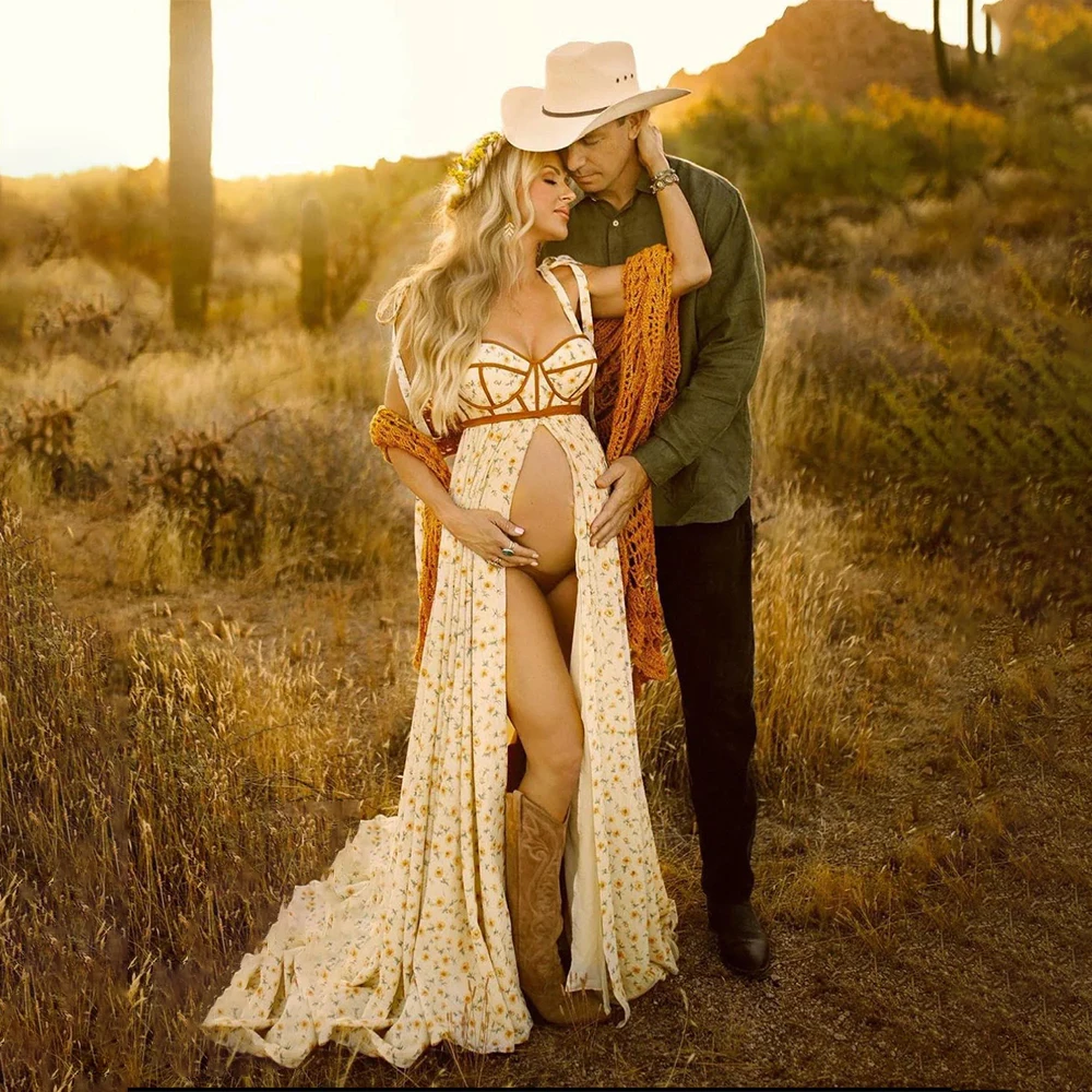 Elegant Floral Maternity Dress Photo Shoot Chiffon Woman Dress Bow Straps Adjustable Bust For Baby Show Gowns Pregnancy Clothing