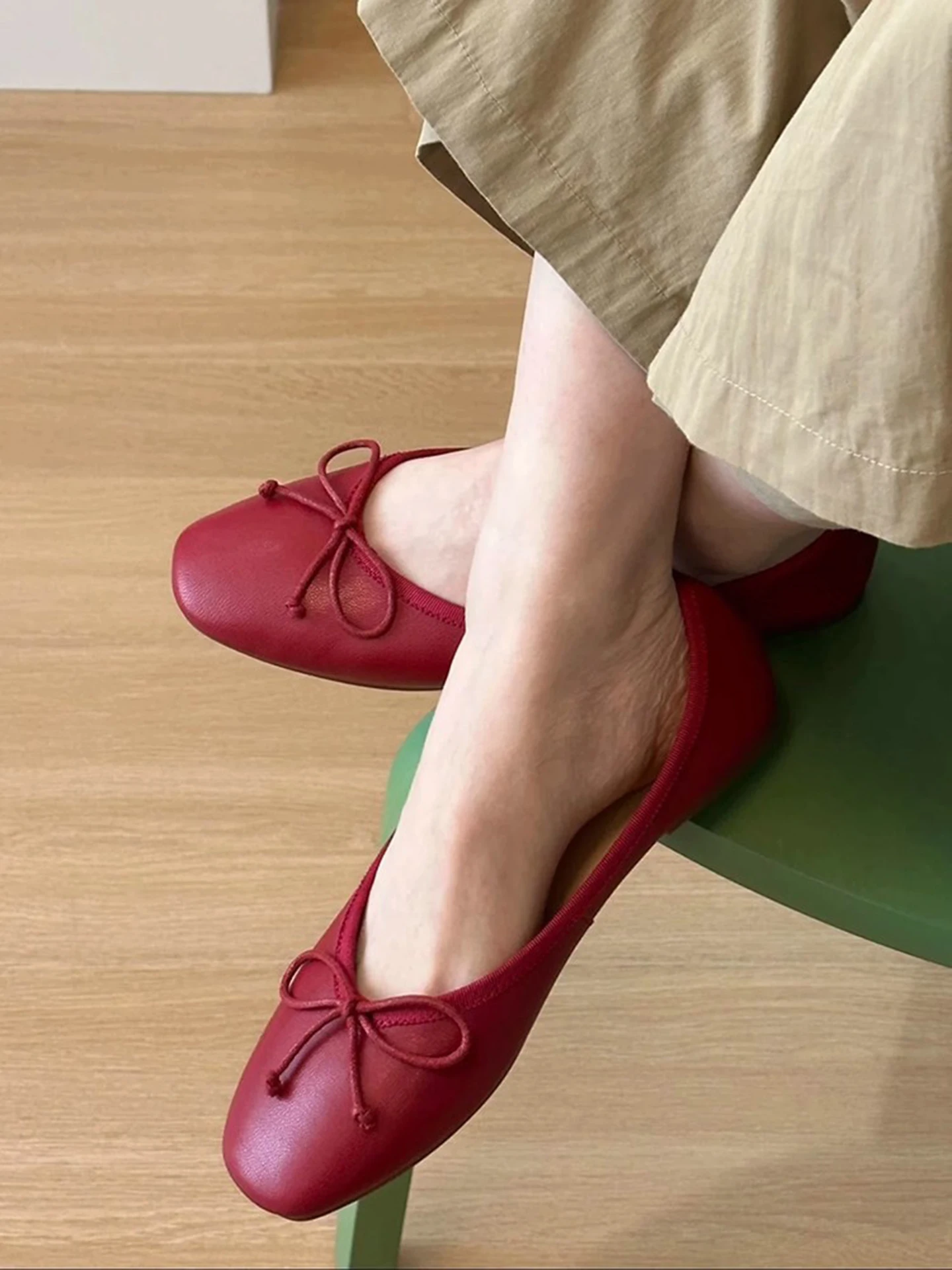 sweet-knot-red-flat-mouth-single-shoes-women's-spring-new-soft-bottom-ballet-grandma-shoes-fashionable-flats