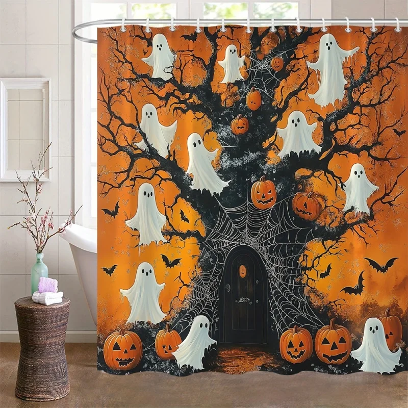 Halloween Harvest Theme Ghost Pumpkin Spider Web Bat Tree Shower Curtain with Hooks, Polyester Fabric, Cartoon Style, Washable,