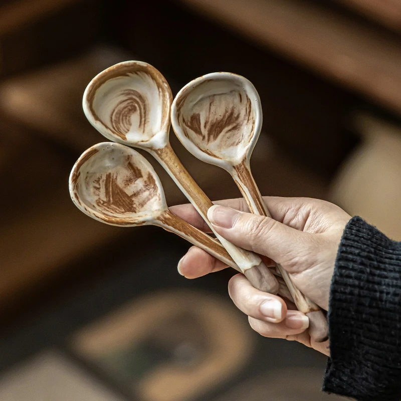 Handmade Retro Ceramic Spoon Stoneware Dessert Stirring Spoon for Home Kitchen Coffee Use Tea Soup Restaurant Dining Hotel