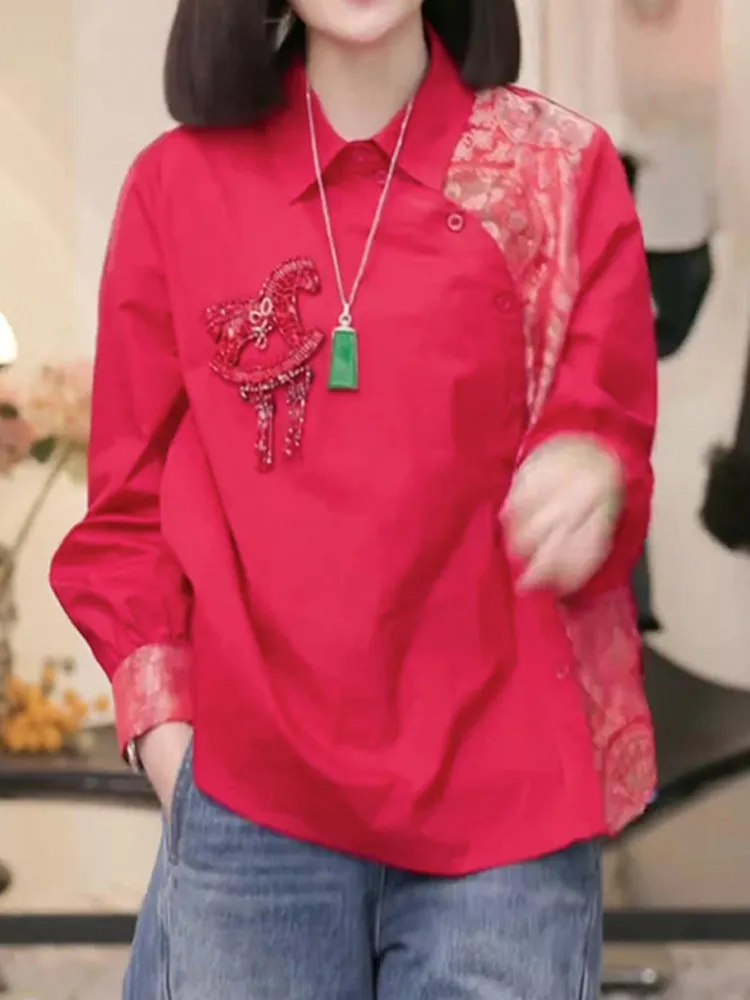 

Новая женская повседневная свободная блузка с длинным рукавом в китайском стиле, утягивающий топ, весна 2026, модная универсальная блузка