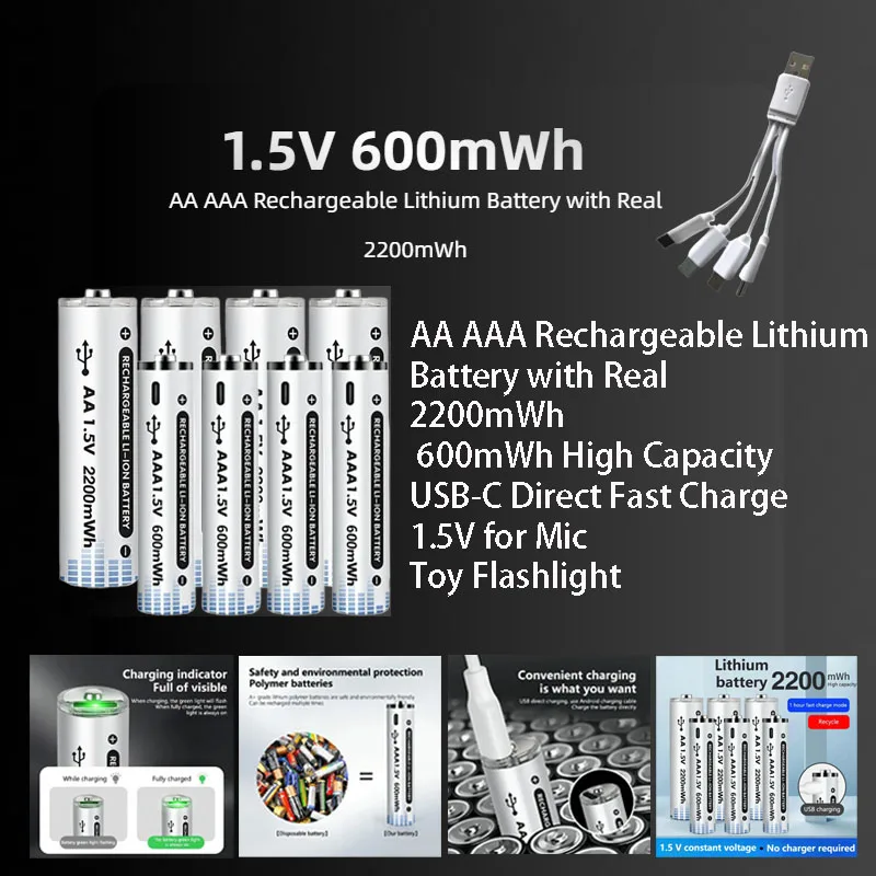 

2200mWh AA AAA Rechargeable Lithium Battery 600mWh High-capacity USB-C Direct Fast Charging 1.5V Microphone Toy Flashlight