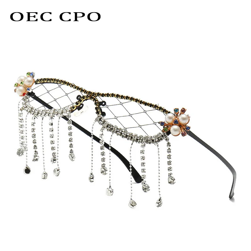 Fashion Tassel Diamonds Sunglasses Women Luxury Rhinestone Crystal Sun Glasses Female Steampunk Mesh Shades No Lens Eyewear