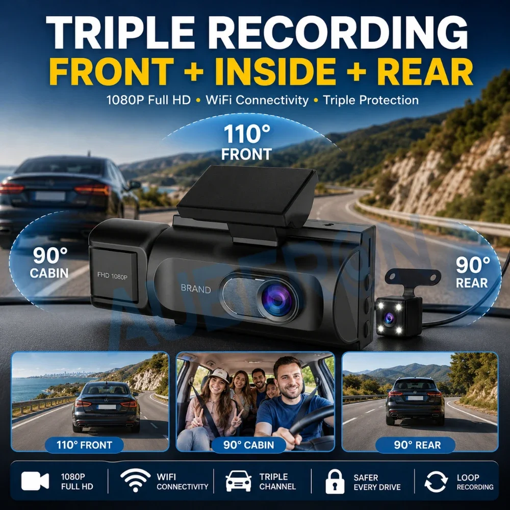 Triple Dash Cam Car Camera WiFi Car DVR 1080P Front Rear Cabin Recording Driving Recorder Night Vision Loop Recording G-Sensor