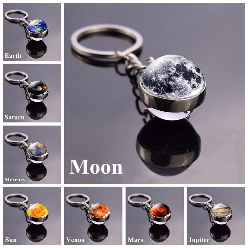 Solar System Planet Keyring Galaxy Nebula Space Keychain Moon Earth Sun Mars Art Picture Double Side Glass Ball Key Chain