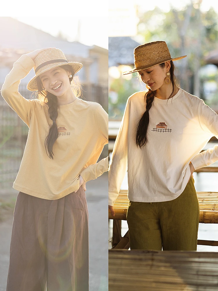 

Женская футболка Blooming 161 Treehouse из смесового хлопка и конопляного волокна, вязаная, с длинным рукавом, вышивкой, свободного кроя, визуально стройнящая, в повседневном стиле, для путешествий.