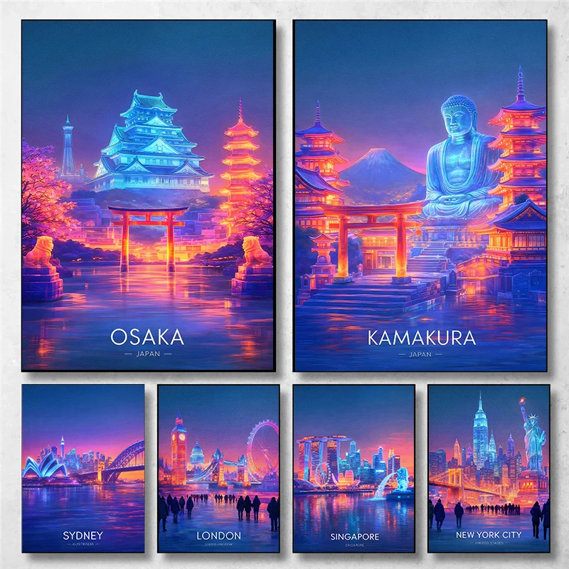 Modern City Skyline at Sunset Posters Osaka Castle Night Vancouver Travel Prints Canvas Wall Art Pictures Home Living Room De