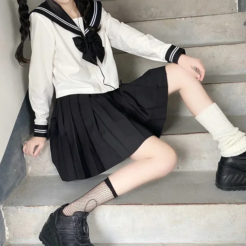 Japanese Girl Uniform Women Suit Cartoon S-2XL Sailor Black Sets Navy Costume School Basic