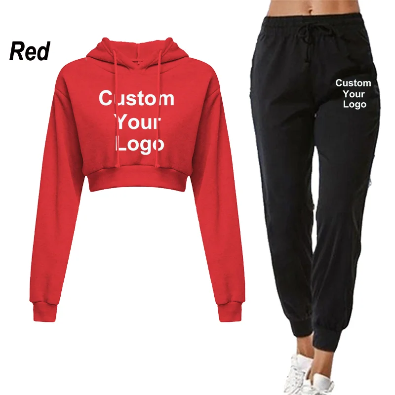 New Women Customize Your Logo Tracksuit  Crop Tops Hoodie and Pants Casual Sport Suit Winter 2 Piece Set Jogging Suit