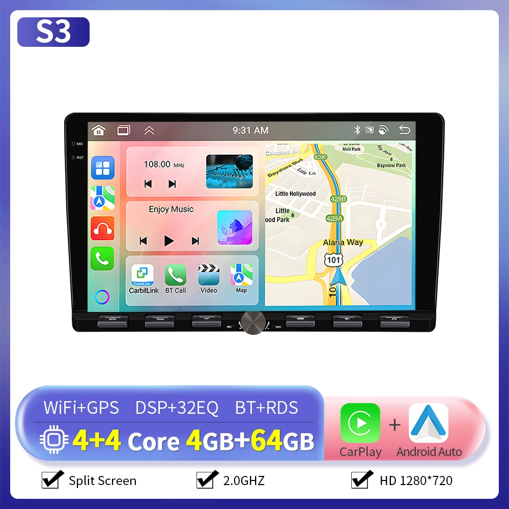 Camecho 6 + 128G 2 Din Autoradio 9 ''IPS Touchscreen Universele Multimedia Speler Carplay Android Auto WIFI GPS Navigatie DSP RDS