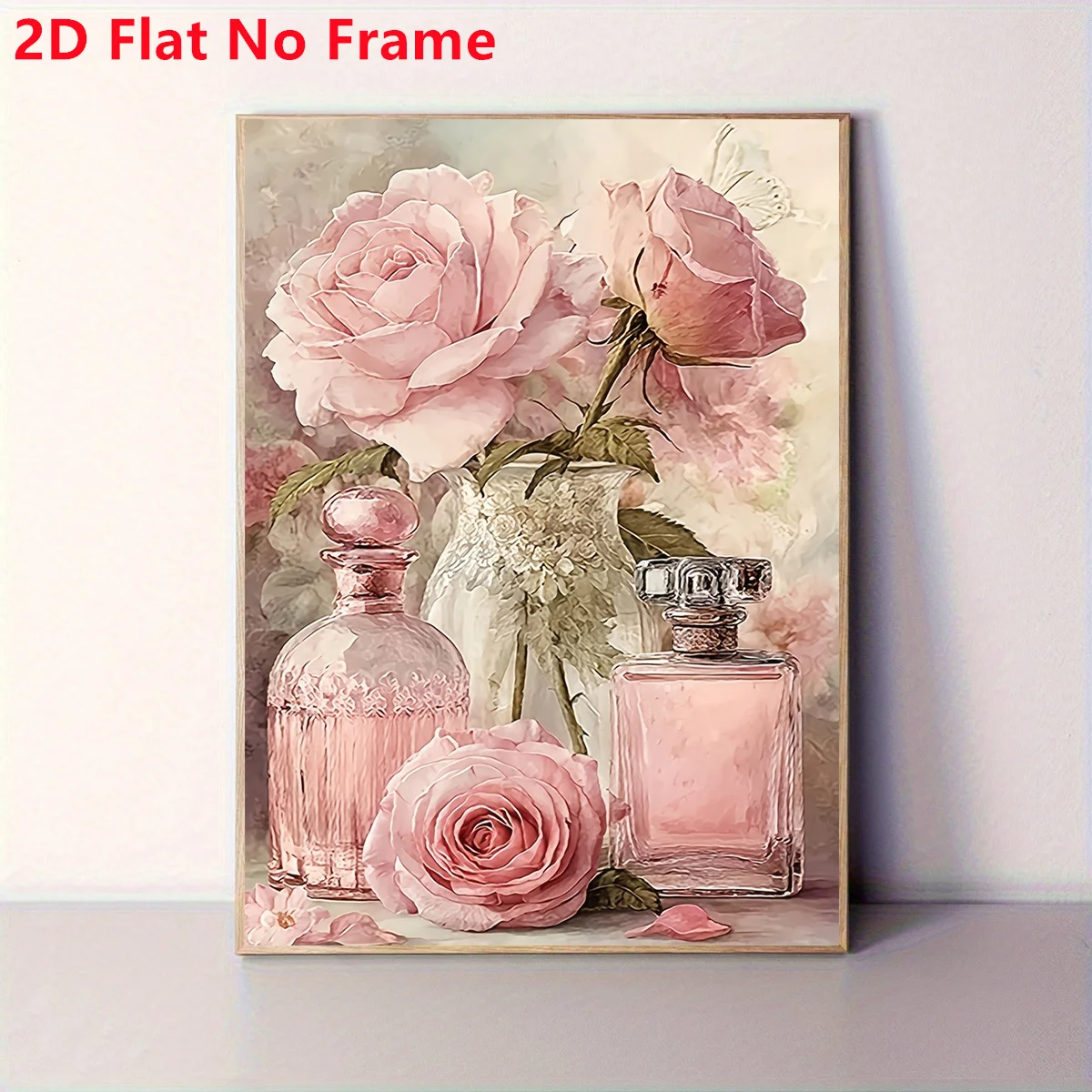 2D Flat, 1pc Frameless Canvas - Pink Rose & Perfume Bottle Painting, Minimalist Modern Suitable for Home Office, Living Room,
