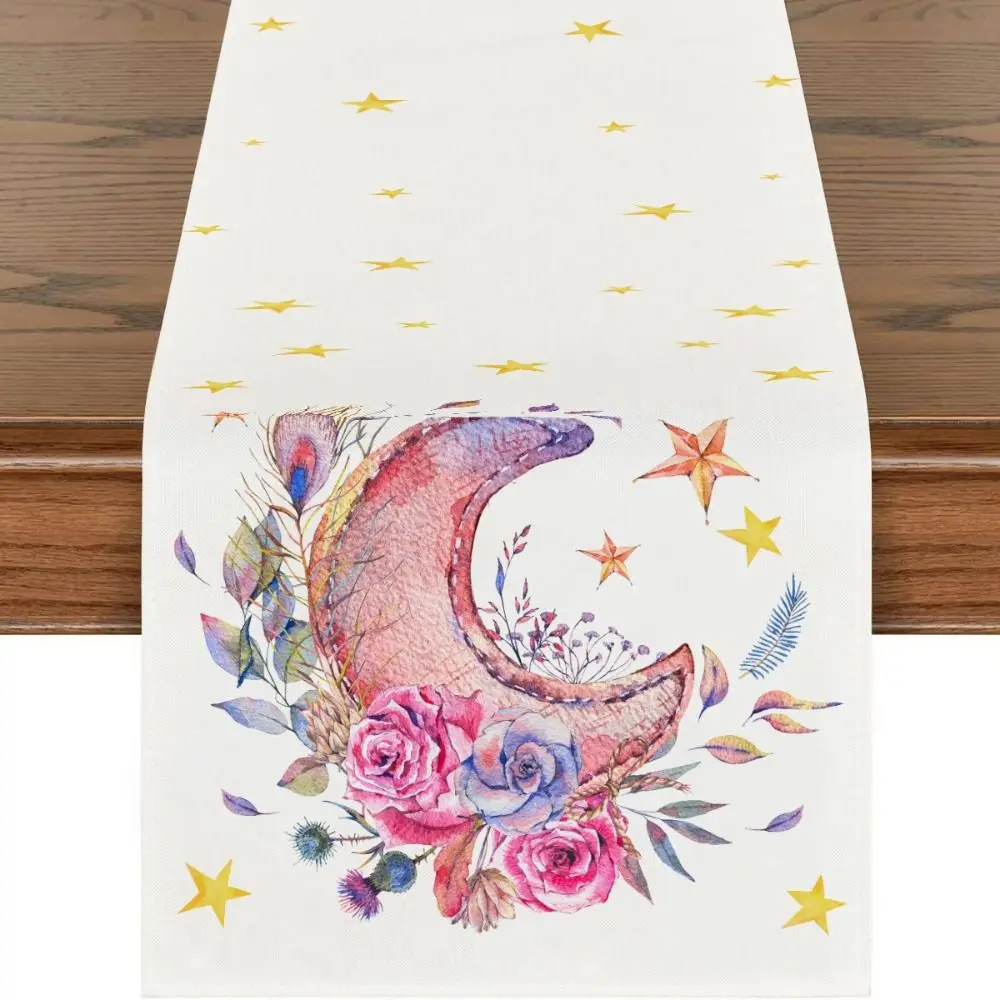 Vintage Ramadan Table Runner 2D Single Print Washable Eid Mubarak Table Runner Watercolor Flowers Floral Crescent Moon