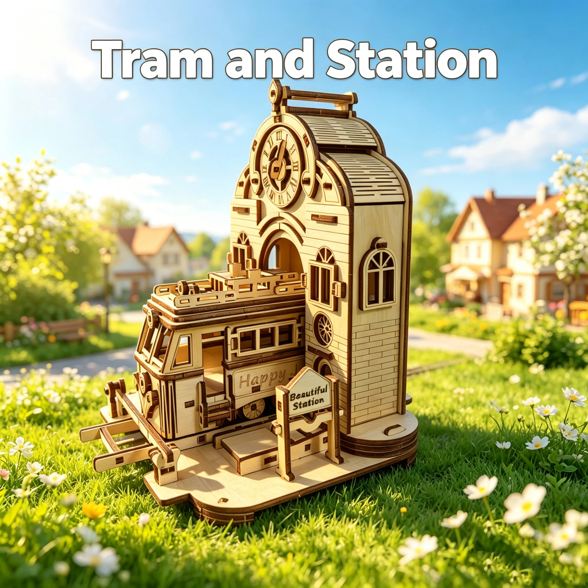 3D Wooden Puzzle, Tram and Clock Tower Station Model Set, DIY Assembly, Ideal for Desktop Displays and Decorative Display