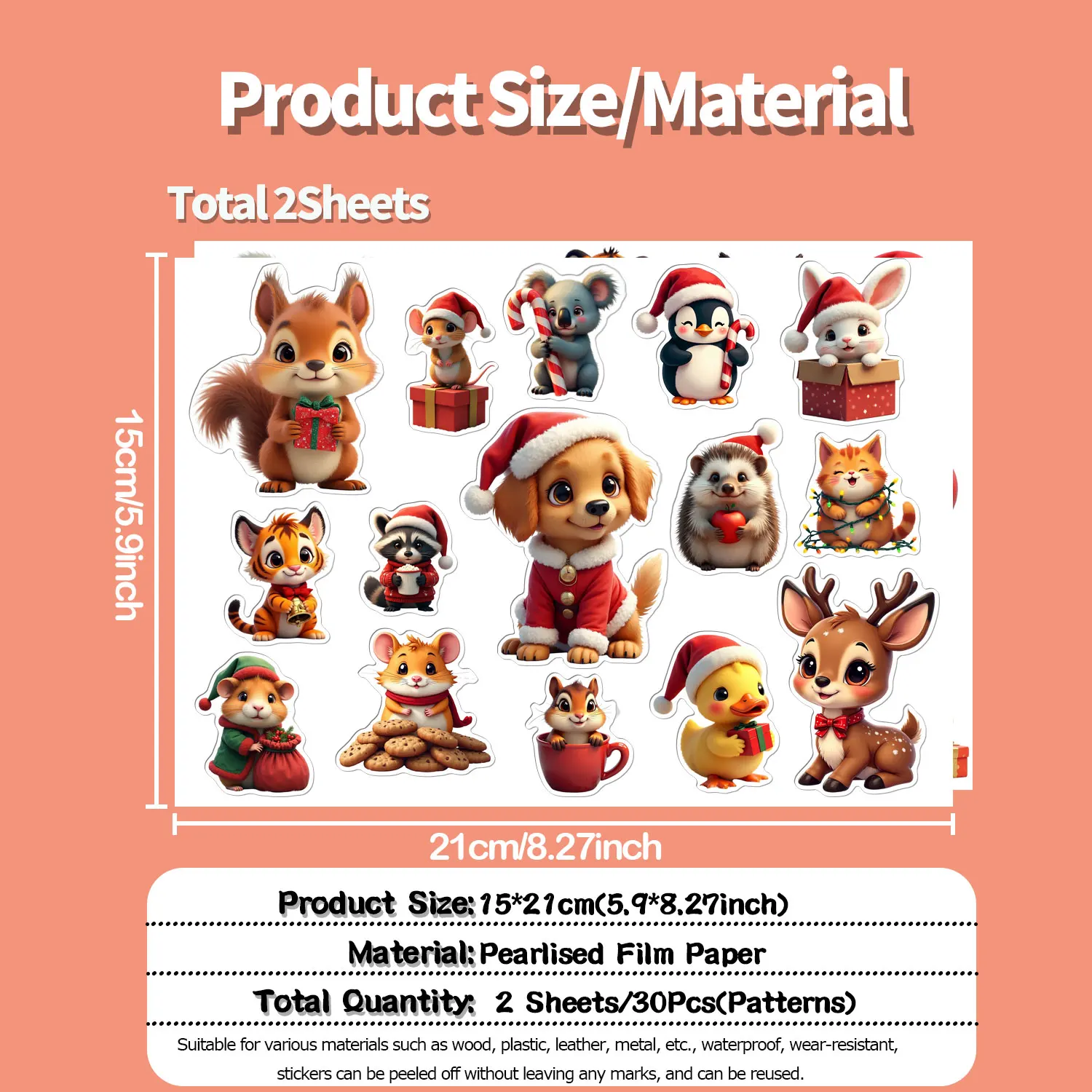 30Pcs Irregular Christmas Animal Stickers Set Lovable Waterproof Reusable No Residue DIY Craft Decor Festival Scrapbooking Label