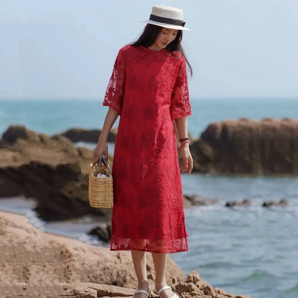 Vestidos de bata Vintage florales con hebilla de placa, vestidos rojos de estilo chino, Cheongsam fino de algodón y lino Jacquard para mujer, Primavera Verano