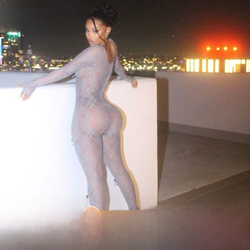 

Сексуальный облегающий кружевной длинный комбинезон-комбинезон с высокой талией, тонкий полиэстер, весна 2024, женский длинный комбинезон с высокой талией