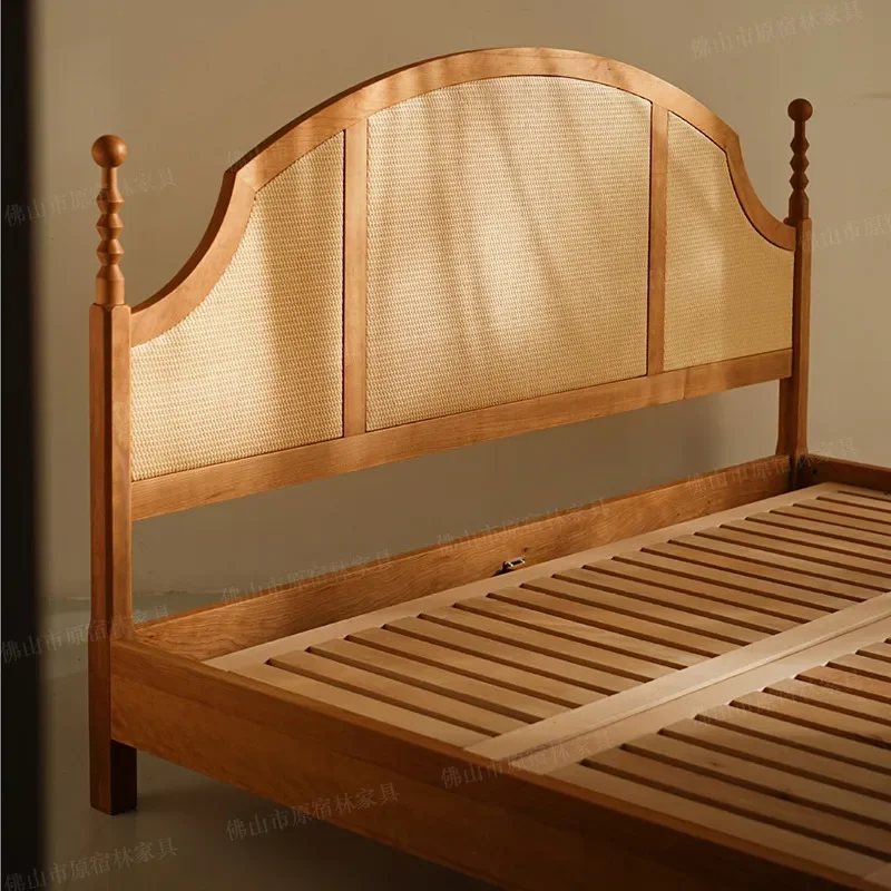 For French Antique Rattan Saigon Bed Double 1.5m Solid Wood Frame Bedroom Furniture Home Marriage Bed Natural Wicker Design