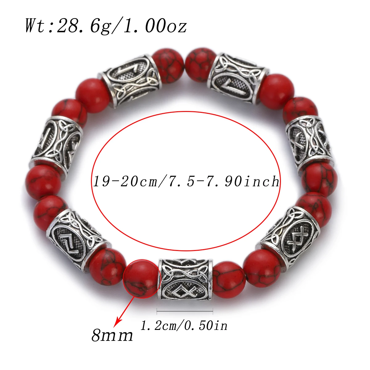 Vintage Vikings Natural Stone Bracelet Men Ethnic Rune Carved Beads Red Turquoises Bangles Charm Bracelets Homme Jewelry Gift